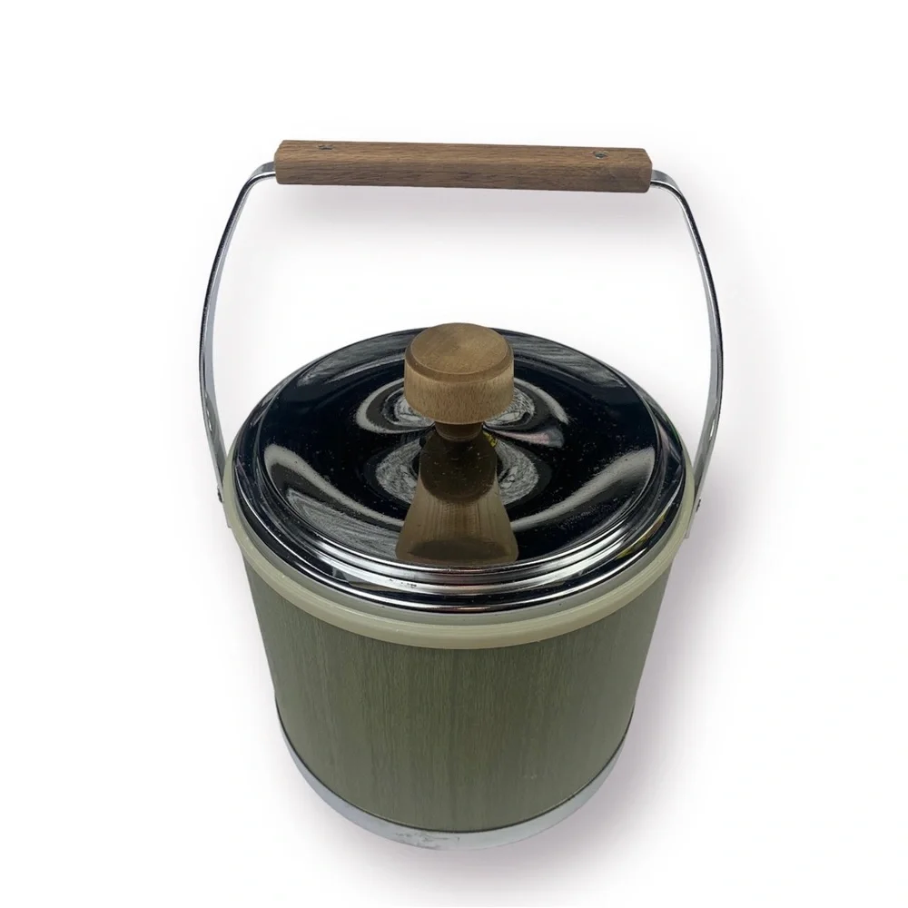 VTG KROMEX ICE BUCKET METAL&GREEN GRAIN COLOR WOODEN HANDLE & KNOB W/ICE TONGS